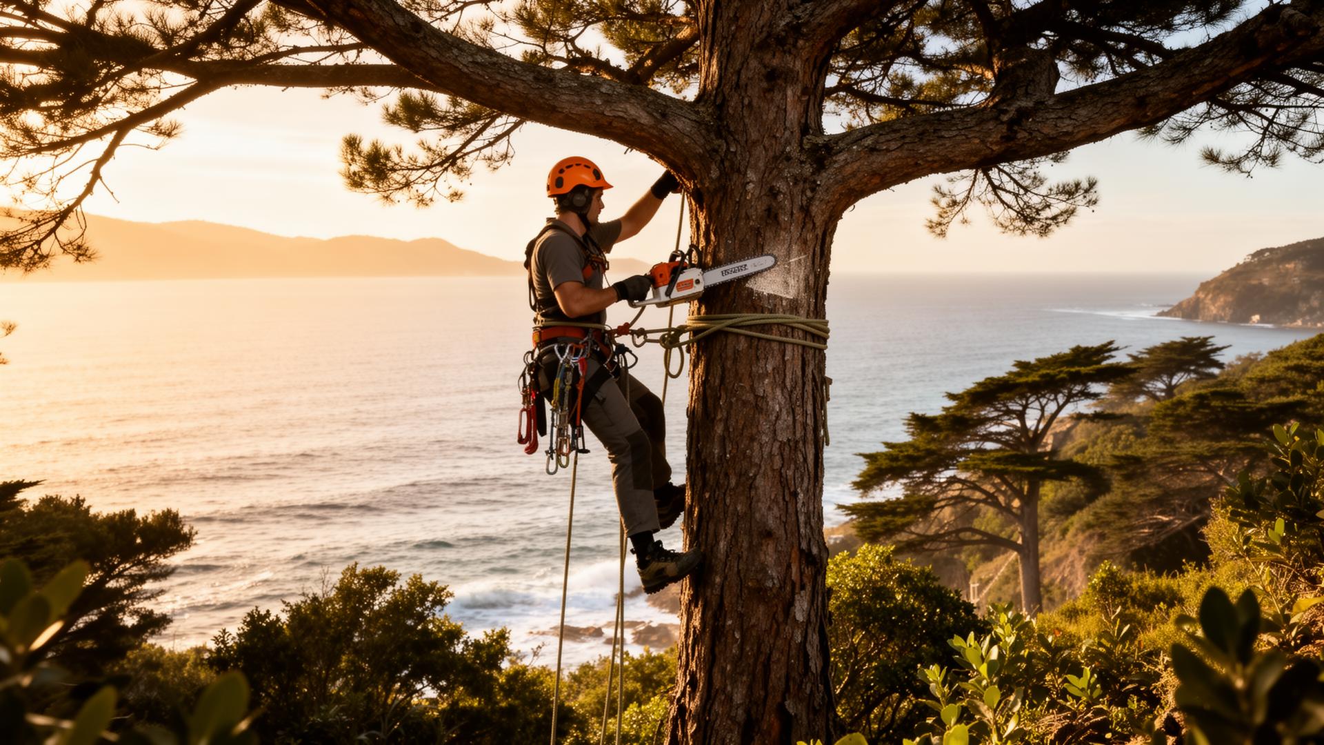Élagueur en intervention sur un arbre à Belle-Île-en-Mer